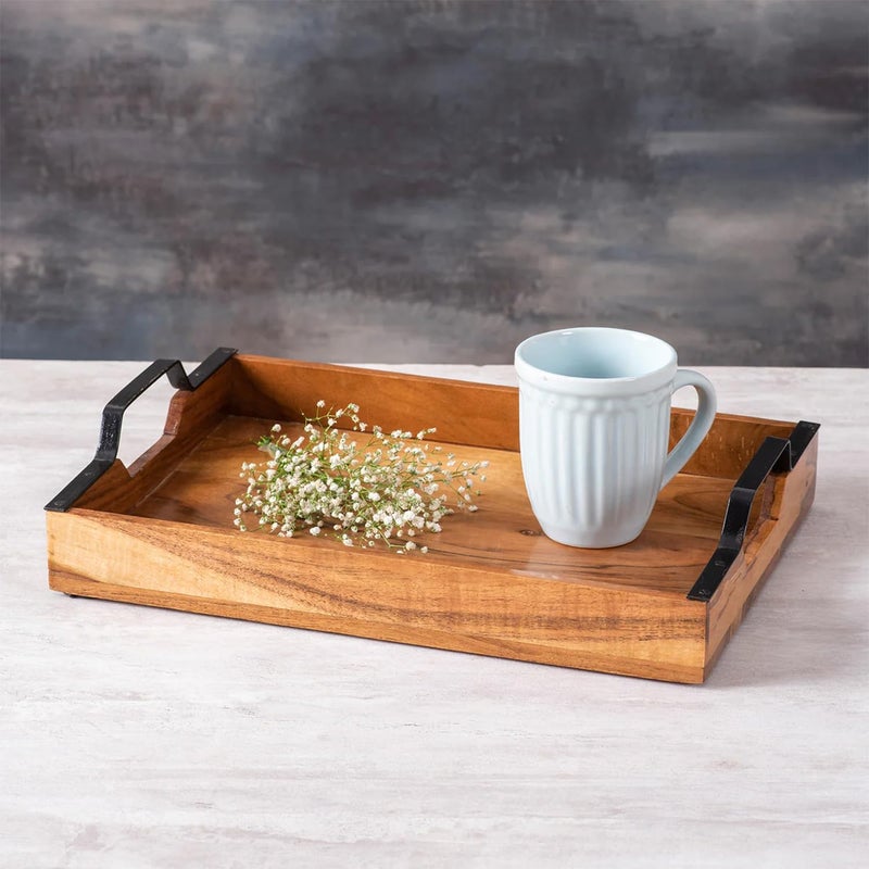 Nestroots Wooden Serving Tray with Black Finish Handle|Wood Brown Wood Brown| Stylish Multipurpose Tray for Dining, Kitchen & Home Dcor (15 Inches) - Image 1