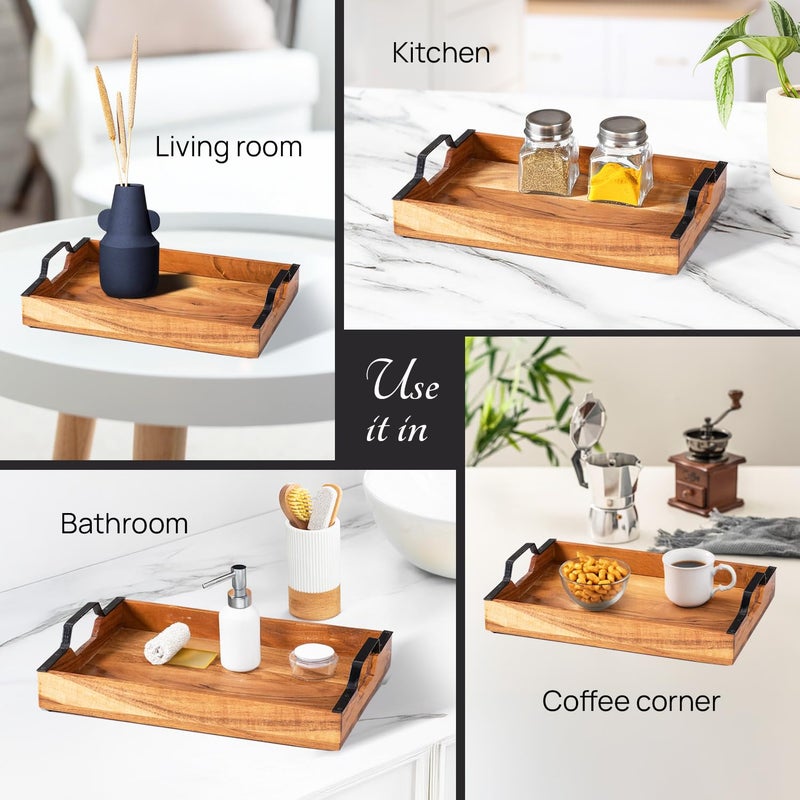 Nestroots Wooden Serving Tray with Black Finish Handle|Wood Brown Wood Brown| Stylish Multipurpose Tray for Dining, Kitchen & Home Dcor (15 Inches) - Image 3