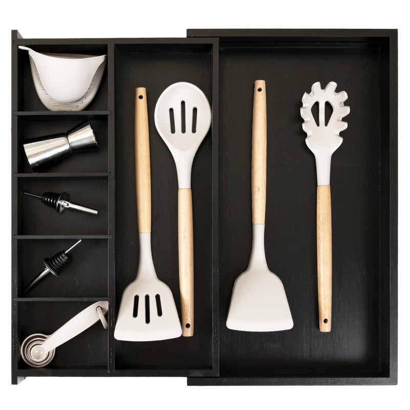KitchenEdge Adjustable Kitchen Drawer Organizer for Utensils and Junk FoodSafe Contract Grade with 100 Sustainable Wood Expandable from 105 to 19 Inches Wide  Black Bamboo