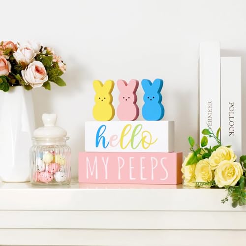 Treory Easter Decorations for The Home: 5 pcs Bunny Wooden Table Centerpiece Signs, Cute Easter Decor Peeps Rabbits Wooden Block Set Table Décor Farmhouse Rustic Tiered Tray Décor Gifts - Image 4