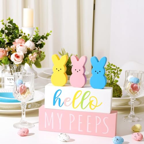 Treory Easter Decorations for The Home: 5 pcs Bunny Wooden Table Centerpiece Signs, Cute Easter Decor Peeps Rabbits Wooden Block Set Table Décor Farmhouse Rustic Tiered Tray Décor Gifts - Image 3