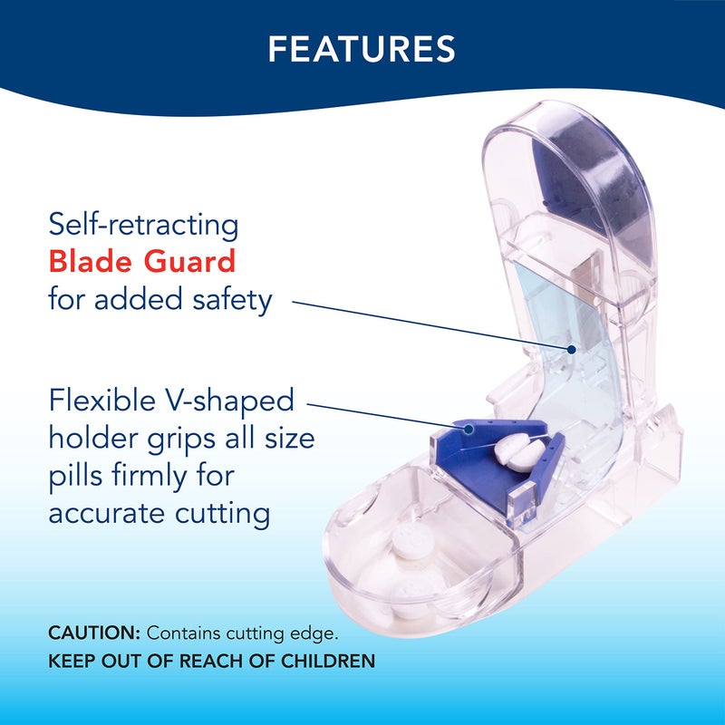 Apex Ultra Pill Cutter, Professional Medical Pill Splitter with Retracting Blade Guard, for Precise Cutting Small or Large Tablets, Vitamins, Blue/Green and Clear, 1 Count, Compact & Travel-Friendly - Image 2