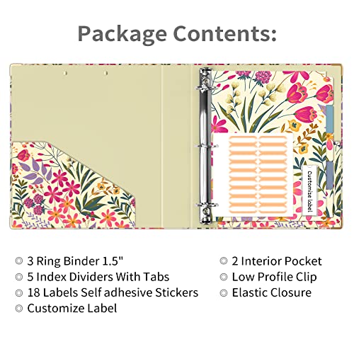 Ospelelf 3 Ring Binder, 1.5 Inch, Cute Floral Binder for Letter Size (11" x 8.5") with 5 Tab Dividers, File Folder Labels and Low Profile Clipboards - Image 2