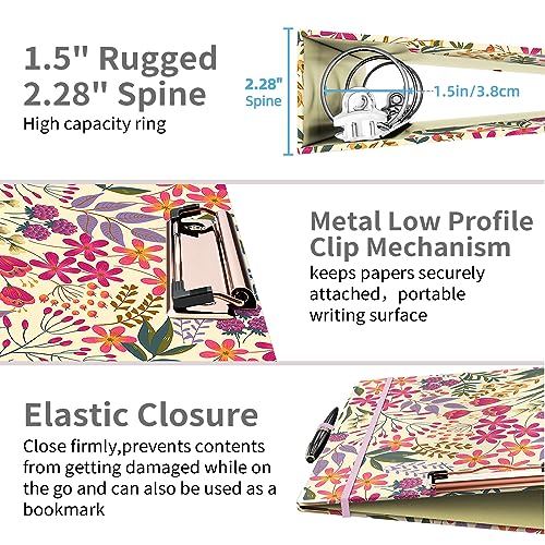 Ospelelf 3 Ring Binder, 1.5 Inch, Cute Floral Binder for Letter Size (11" x 8.5") with 5 Tab Dividers, File Folder Labels and Low Profile Clipboards - Image 3