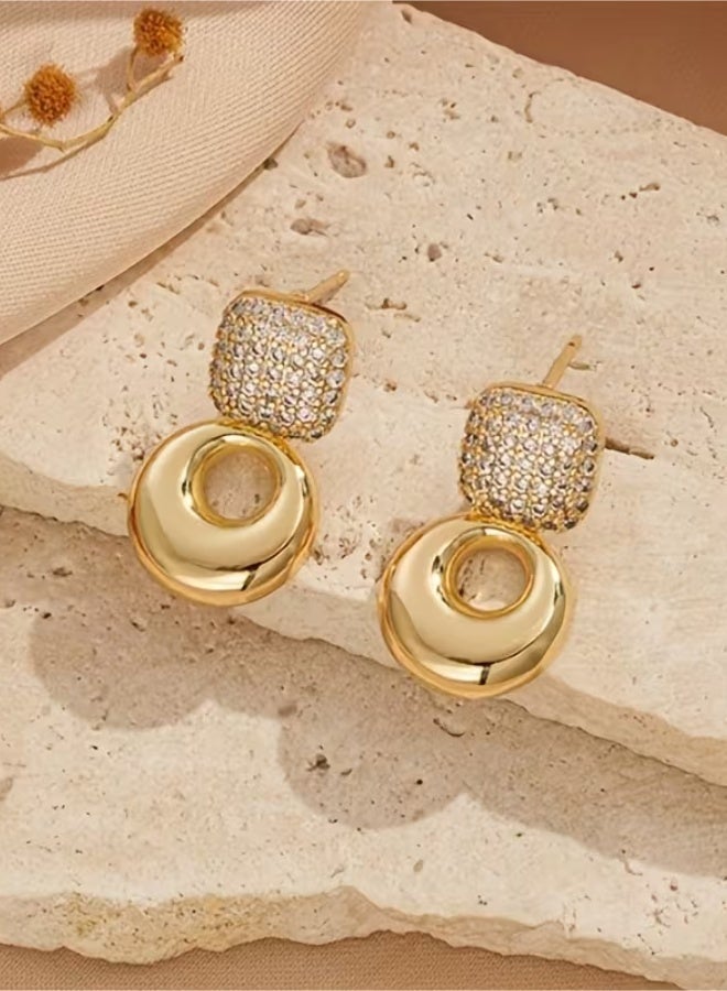 aeen Elegant Geometric Drop Earrings with Square Zirconia Stud & KC Golden Plated Circular Drop – Luxury Statement Jewelry for Women - Image 4