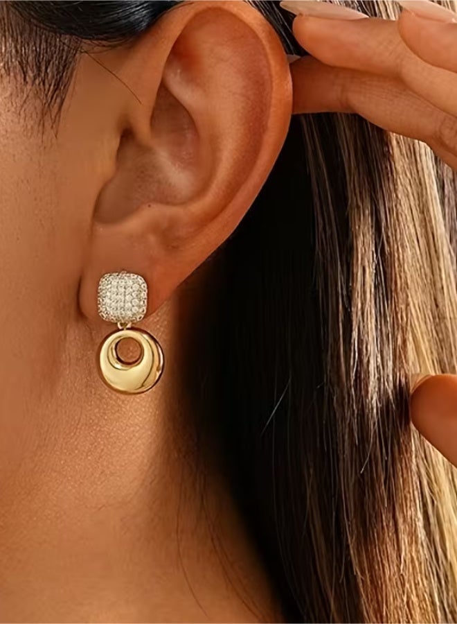 aeen Elegant Geometric Drop Earrings with Square Zirconia Stud & KC Golden Plated Circular Drop – Luxury Statement Jewelry for Women - Image 3