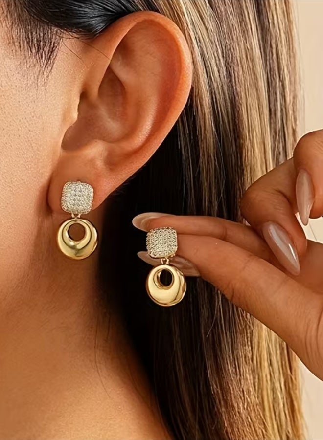 aeen Elegant Geometric Drop Earrings with Square Zirconia Stud & KC Golden Plated Circular Drop – Luxury Statement Jewelry for Women - Image 2