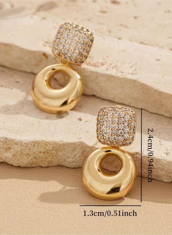 aeen Elegant Geometric Drop Earrings with Square Zirconia Stud & KC Golden Plated Circular Drop – Luxury Statement Jewelry for Women - Image 5