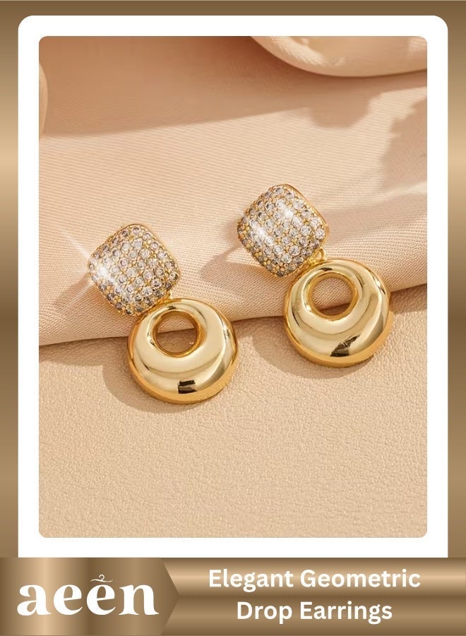 aeen Elegant Geometric Drop Earrings with Square Zirconia Stud & KC Golden Plated Circular Drop – Luxury Statement Jewelry for Women - Image 1