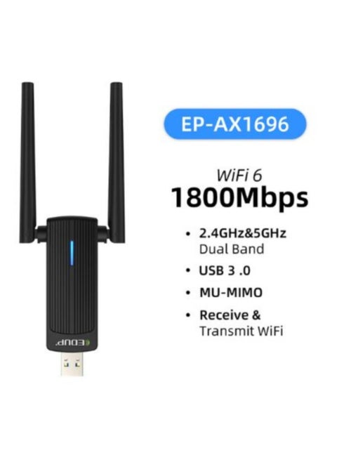 USB WiFi 6 Adapter for Gaming PC, 802.11 AX 1800Mbps Dual Band 2.4GHz/5GHz Wireless Network Dongle High Gain Antennas for Desktop PC Laptop, Supports Windows 11/10/7