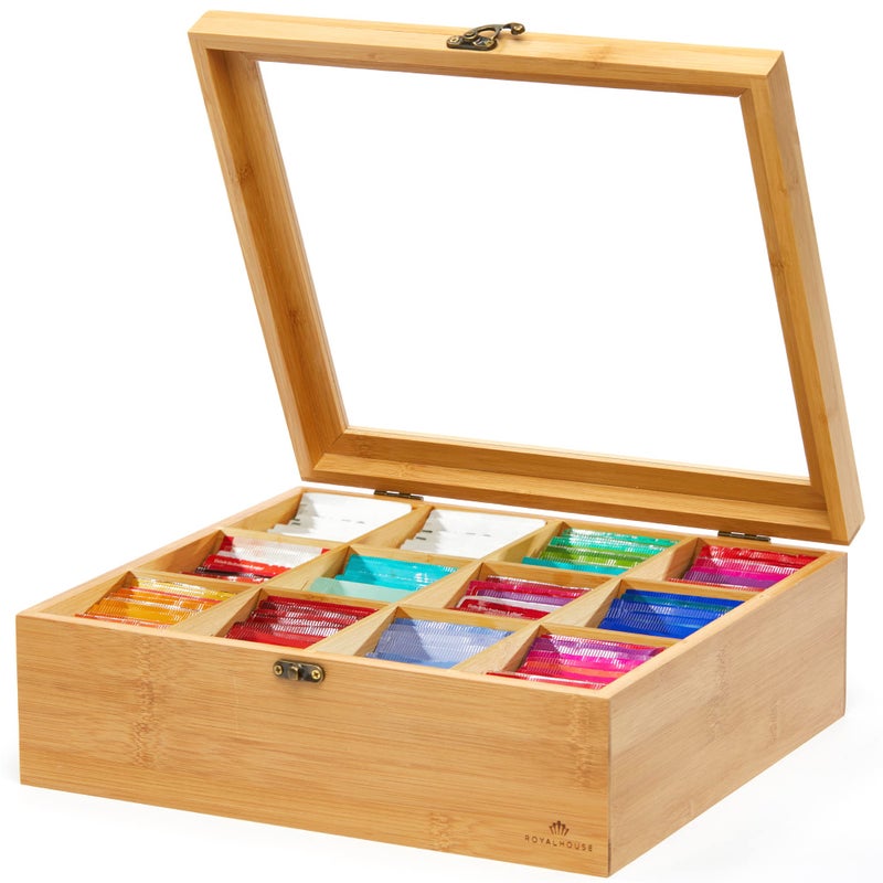 RoyalHouse Big Natural Bamboo Tea Storage Organizer with Clear Acrylic Top Window, 12 Compartments Eco-Friendly Tea Bag Holder, Multi-Functional Storage Box - Image 1