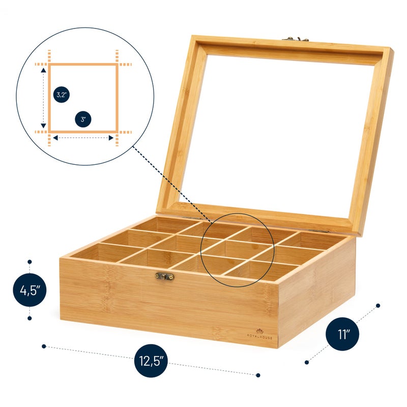 RoyalHouse Big Natural Bamboo Tea Storage Organizer with Clear Acrylic Top Window, 12 Compartments Eco-Friendly Tea Bag Holder, Multi-Functional Storage Box - Image 3