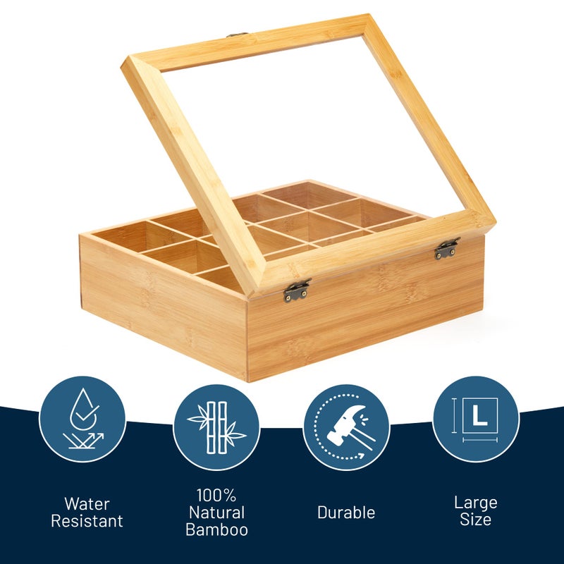 RoyalHouse Big Natural Bamboo Tea Storage Organizer with Clear Acrylic Top Window, 12 Compartments Eco-Friendly Tea Bag Holder, Multi-Functional Storage Box - Image 2