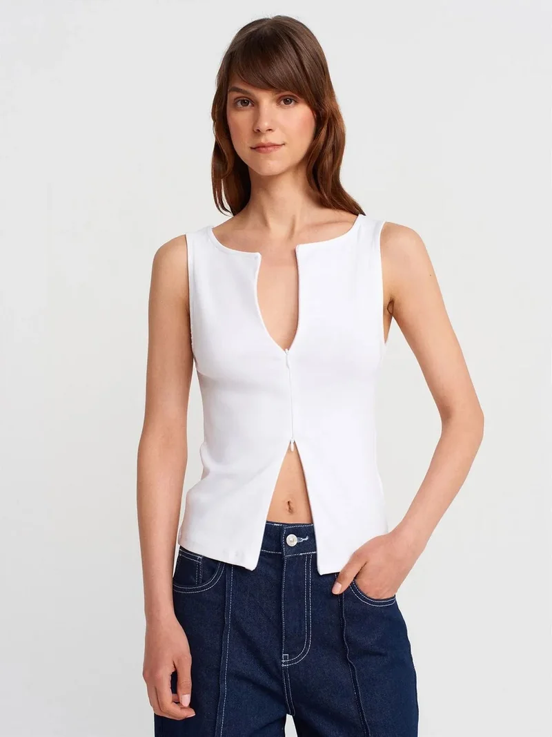 ديلفين DILVIN Sleeveless Slim-Fit Jersey Blouse With Zip