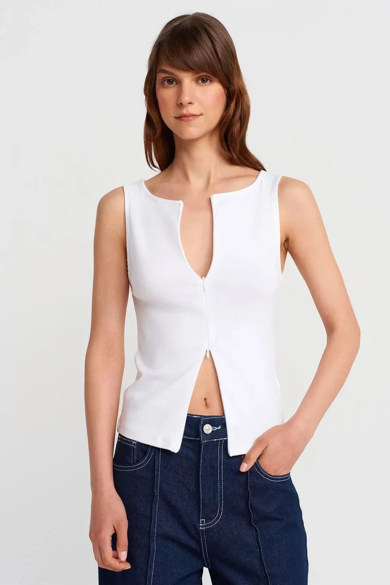 DILVIN Sleeveless Slim-Fit Jersey Blouse With Zip