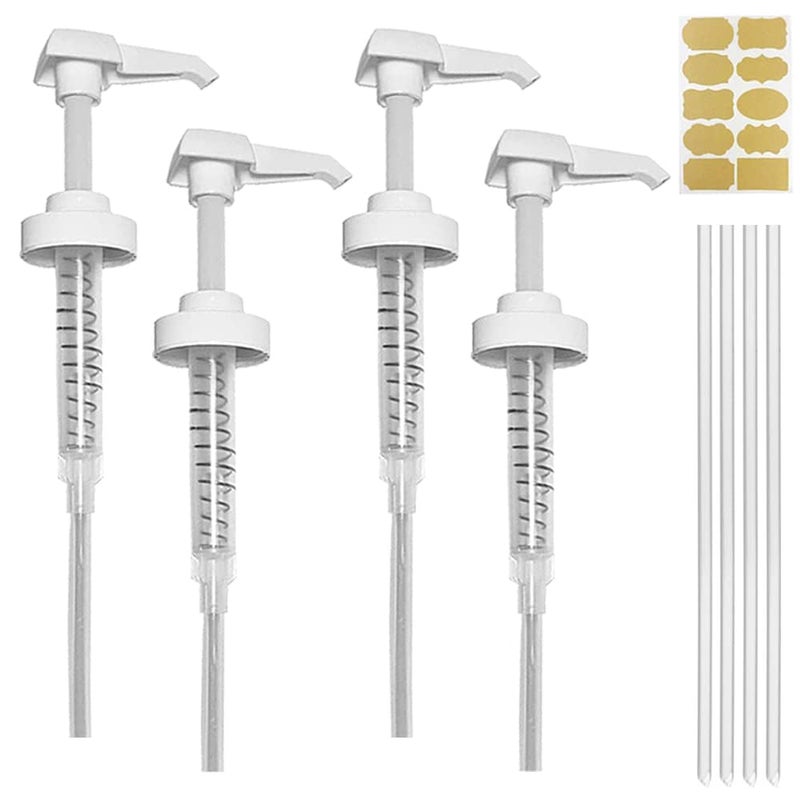 AMORIX 4 Pack Gallon Jug Pump Dispenser 38400 White Pump for Gallon Jug Dispensing  7cc Lotion Gallon Shampoo Pump Top Replacement Fits 1 Gallon Bottle 64oz 128oz Hand Sanitizer Containers Plus Labels