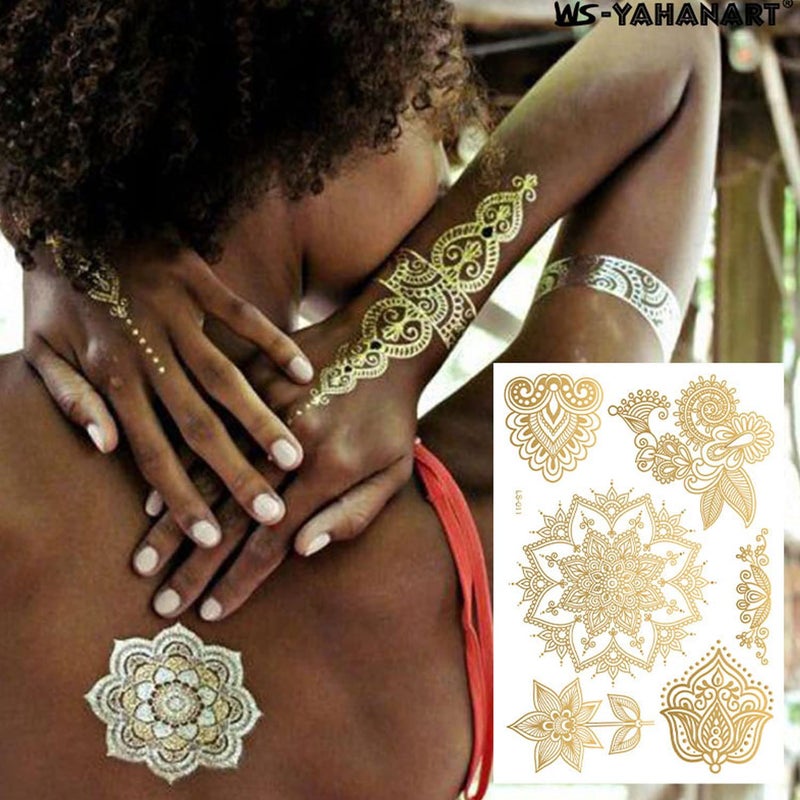 KASUWA Henna Tattoos Henna Temporary Tattoos Gold Flower Lace Waterproof Tattoo stickers for Women Wedding Party Festivals Parties Decoration Suppliers 6Sheets