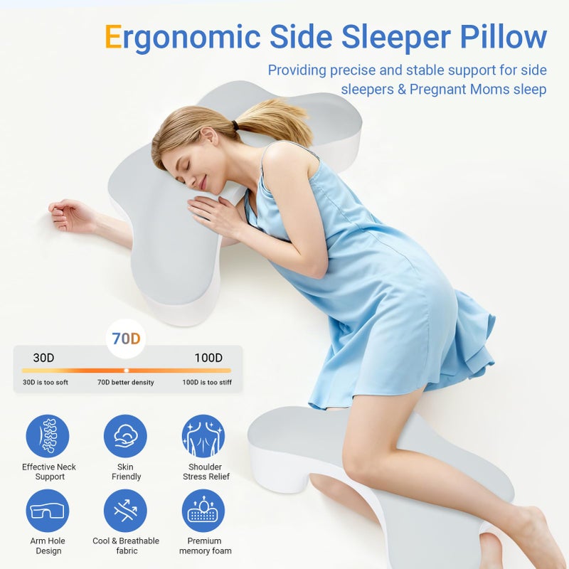 Wattne Side Sleeper Pillows with Arm Holes- Memory Foam Shoulder Pillow for Side Sleepers Neck Support & Rotator Cuff Pain Relief, 2PCS Pillowcase, Ergonomic Knee, Leg, Arm Pillow for Adults (Light Grey) - Image 2