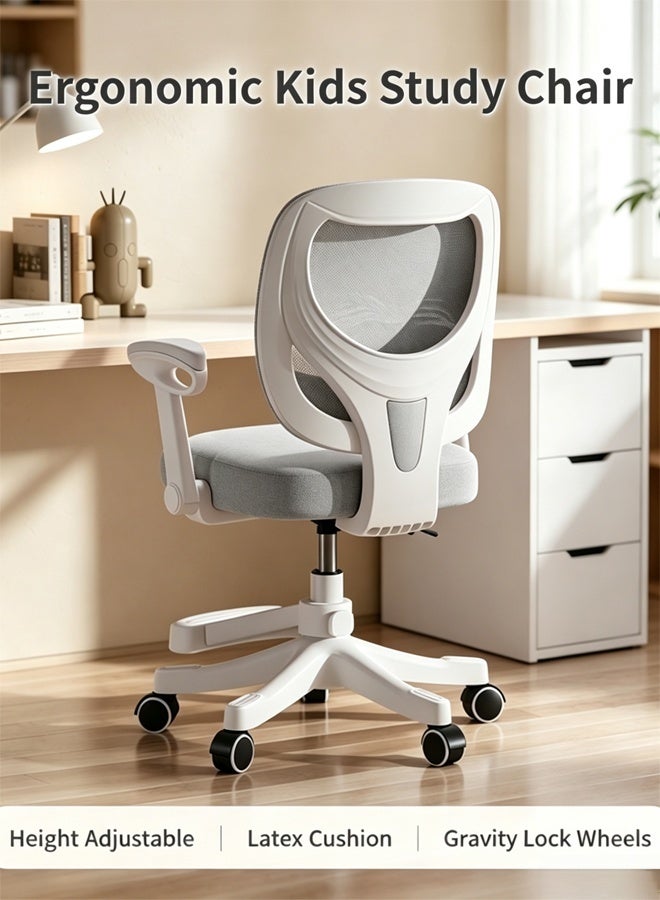 HQ-GAMING Kids Study Chair with Height Adjustment, Ergonomic Kids Desk Chair, Posture Support Chair,  90° Flip-Up Armrests, Gravity Lock Wheels, Adjustable Footrest, Swivel Mesh Desk Chair for Home School Desk (Grey) - Image 1