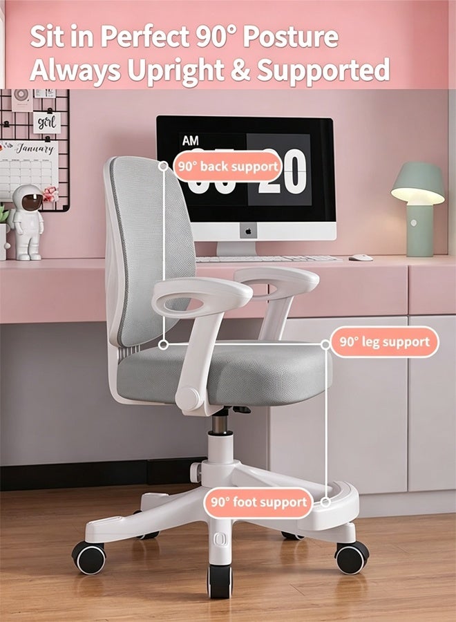 HQ-GAMING Kids Study Chair with Height Adjustment, Ergonomic Kids Desk Chair, Posture Support Chair,  90° Flip-Up Armrests, Gravity Lock Wheels, Adjustable Footrest, Swivel Mesh Desk Chair for Home School Desk (Grey) - Image 3