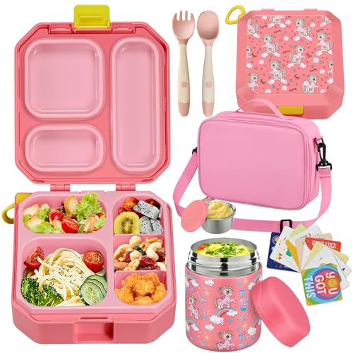 wiwens Bento Lunch Box for Kids with 12oz Soup Thermo Leak-Proof Lunch Food Container with 5 Compartment Thermo Hot Food Jar and Insulated Lunch Bag for Kid Toddler Girls Boys to School - Image 1