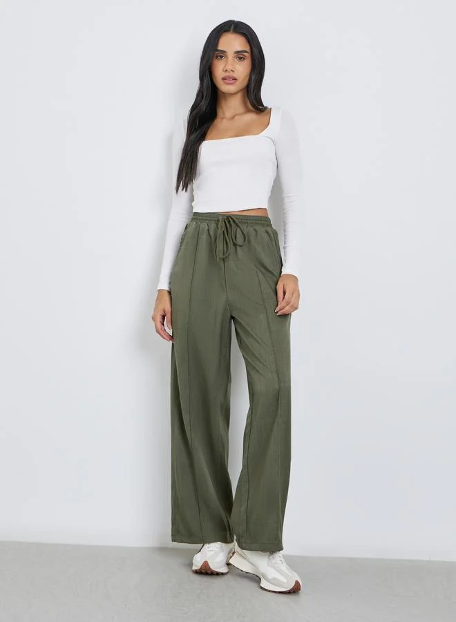 Styli Styli Khaki Linen Look Wide Leg Pants with Pintuck