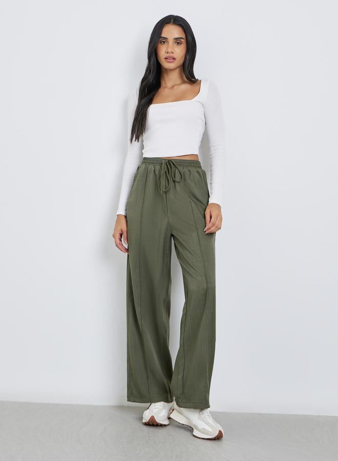 Styli Khaki Linen Look Wide Leg Pants with Pintuck - Image 1