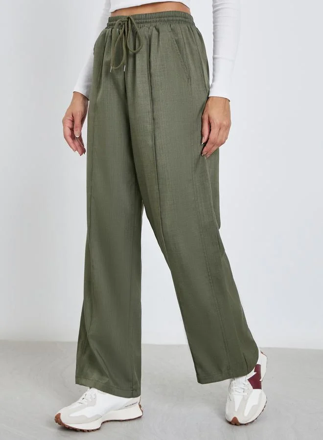 Styli Styli Khaki Linen Look Wide Leg Pants with Pintuck