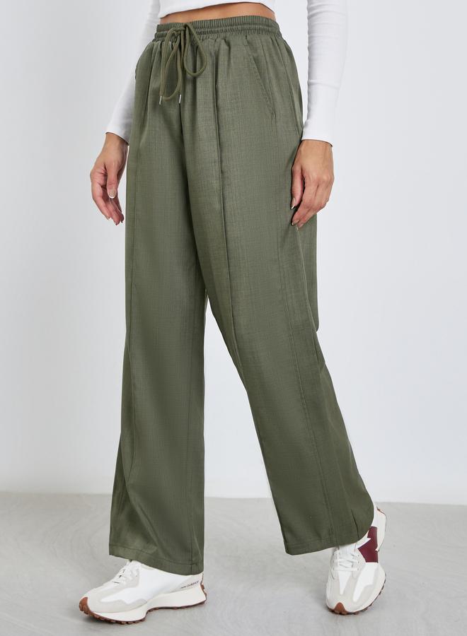 Styli Khaki Linen Look Wide Leg Pants with Pintuck - Image 2