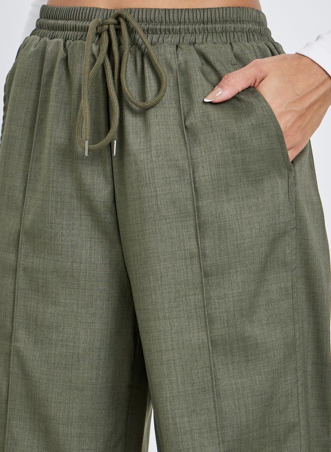 Styli Khaki Linen Look Wide Leg Pants with Pintuck - Image 3