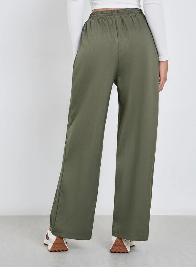Styli Styli Khaki Linen Look Wide Leg Pants with Pintuck