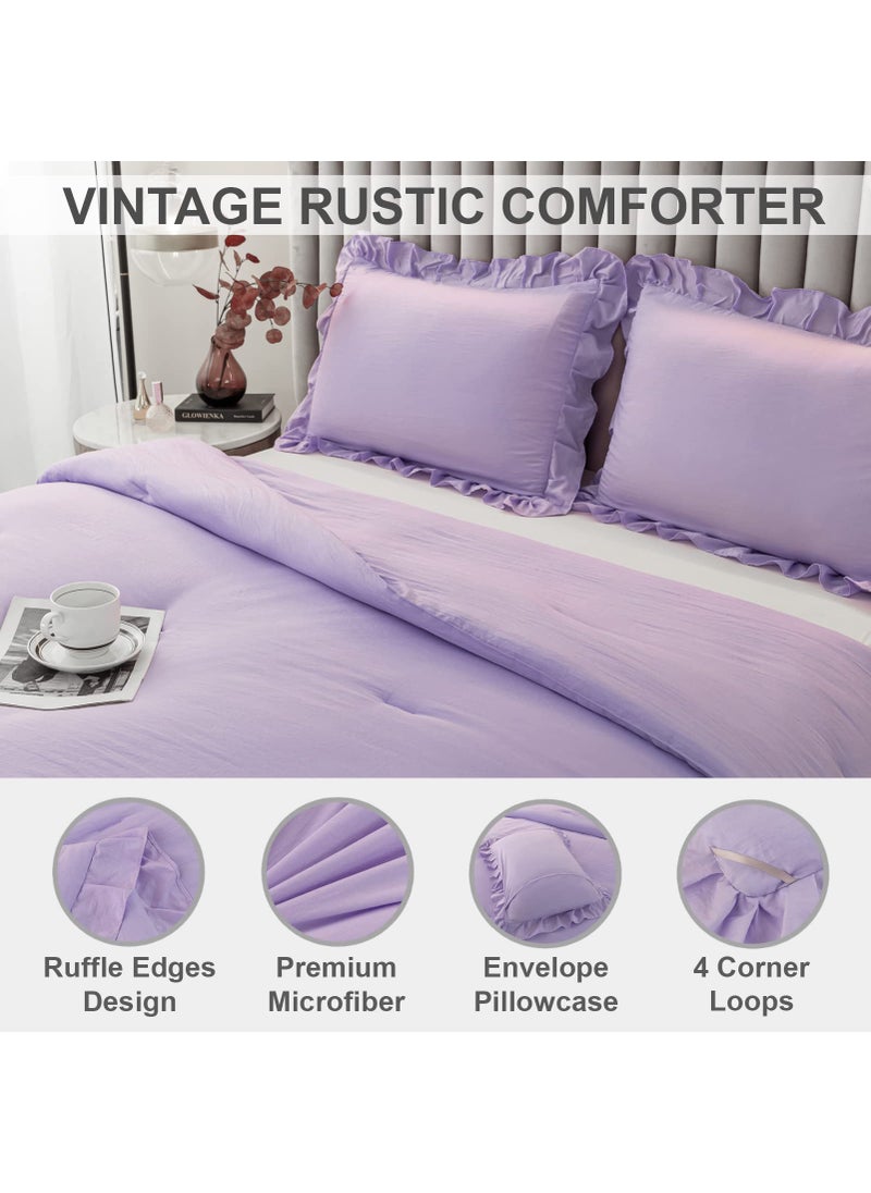 Andency Andency Lavender Ruffle Comforter King(104x90Inch)  3 Pieces(1 Ruffled Comforter and 2 Pillowcases) Solid Farmhouse Shabby Chic Comforter  Vintage Rustic Soft Microfiber Bedding Set  - Image 3