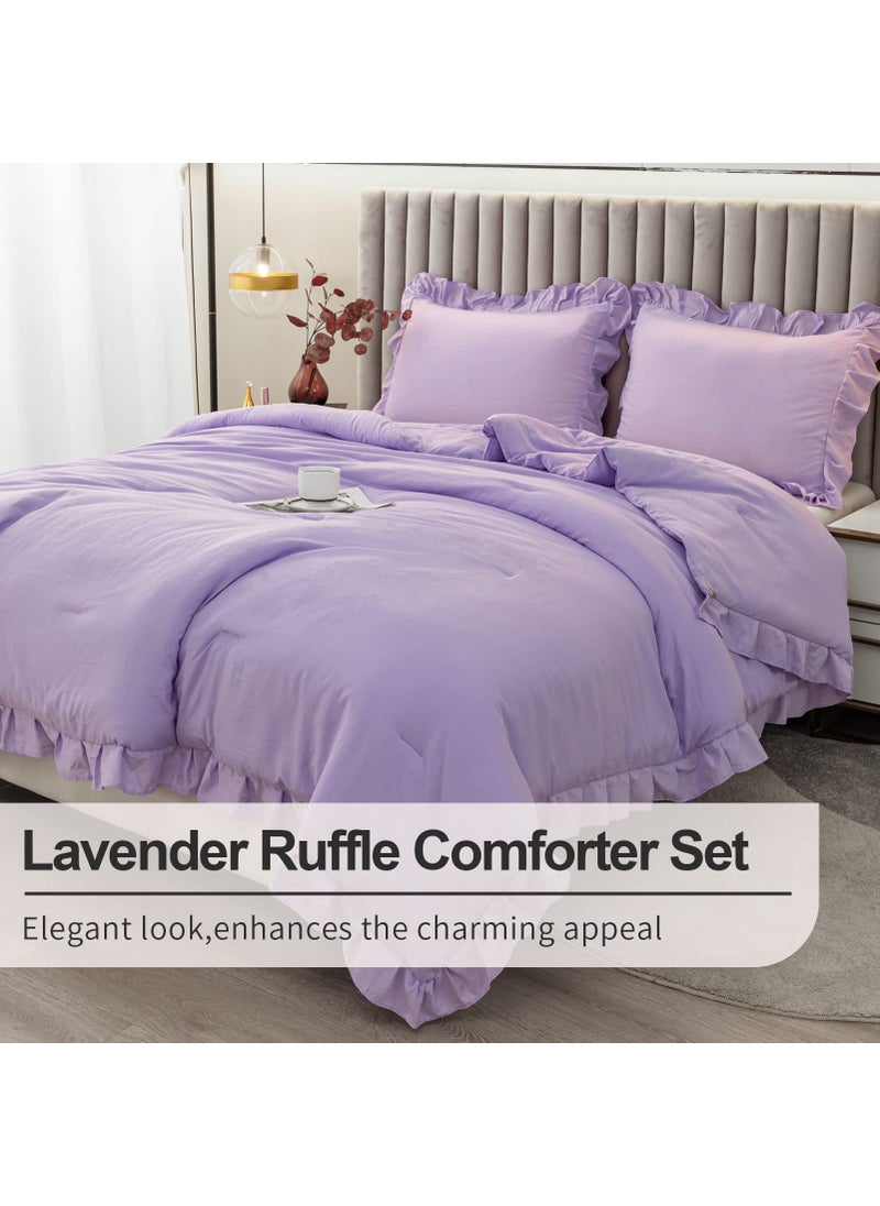 Andency Andency Lavender Ruffle Comforter King(104x90Inch)  3 Pieces(1 Ruffled Comforter and 2 Pillowcases) Solid Farmhouse Shabby Chic Comforter  Vintage Rustic Soft Microfiber Bedding Set  - Image 5