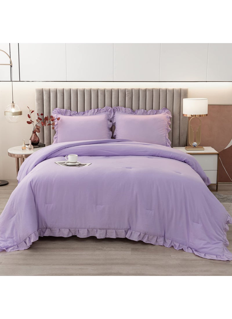 Andency Andency Lavender Ruffle Comforter King(104x90Inch)  3 Pieces(1 Ruffled Comforter and 2 Pillowcases) Solid Farmhouse Shabby Chic Comforter  Vintage Rustic Soft Microfiber Bedding Set  - Image 1