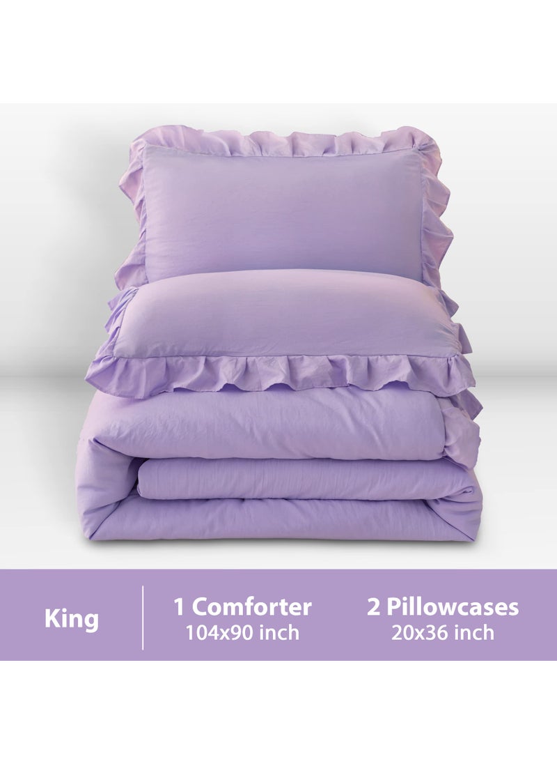 Andency Andency Lavender Ruffle Comforter King(104x90Inch)  3 Pieces(1 Ruffled Comforter and 2 Pillowcases) Solid Farmhouse Shabby Chic Comforter  Vintage Rustic Soft Microfiber Bedding Set  - Image 2