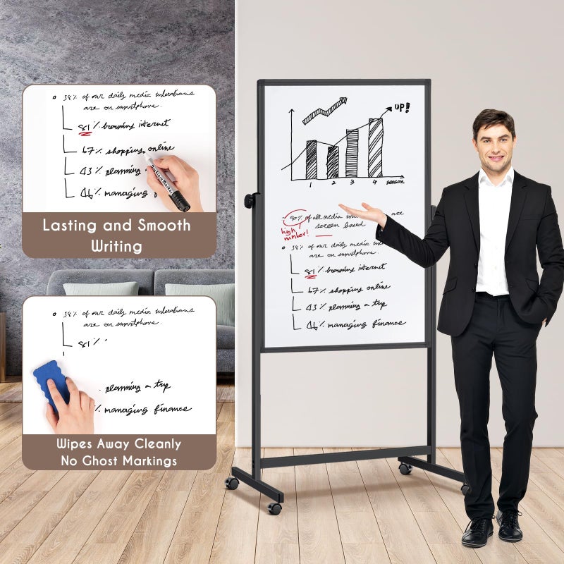 Reliaboard Double Sided Cork Board White Board, 32 x 48 inches Large Cork Board for Office, Height Adjustable Magnetic Dry Erase Board on Wheels, Portable Freestanding Natural Corkboard for Displaying, Planning - Image 3