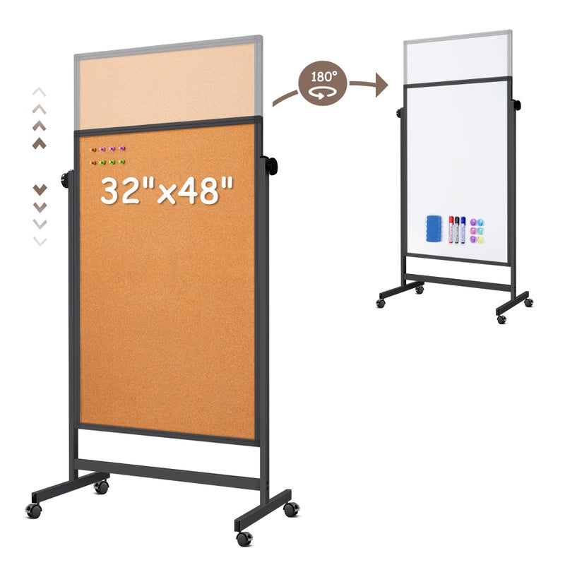 Reliaboard Double Sided Cork Board White Board, 32 x 48 inches Large Cork Board for Office, Height Adjustable Magnetic Dry Erase Board on Wheels, Portable Freestanding Natural Corkboard for Displaying, Planning - Image 1