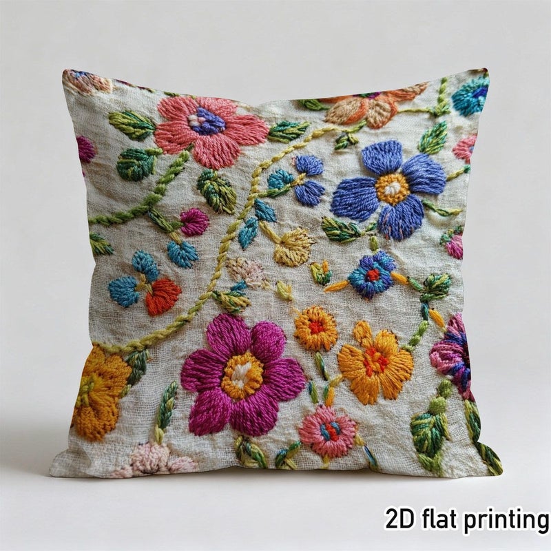 1pc 24x24 Inch 2D Flat Printing Non Real Embroidery Floral Pattern Throw Pillowcase Double Sided Printing For Vintage Living Room Sofa Comfortable Bedroom Bed No Pillow Core - Image 2
