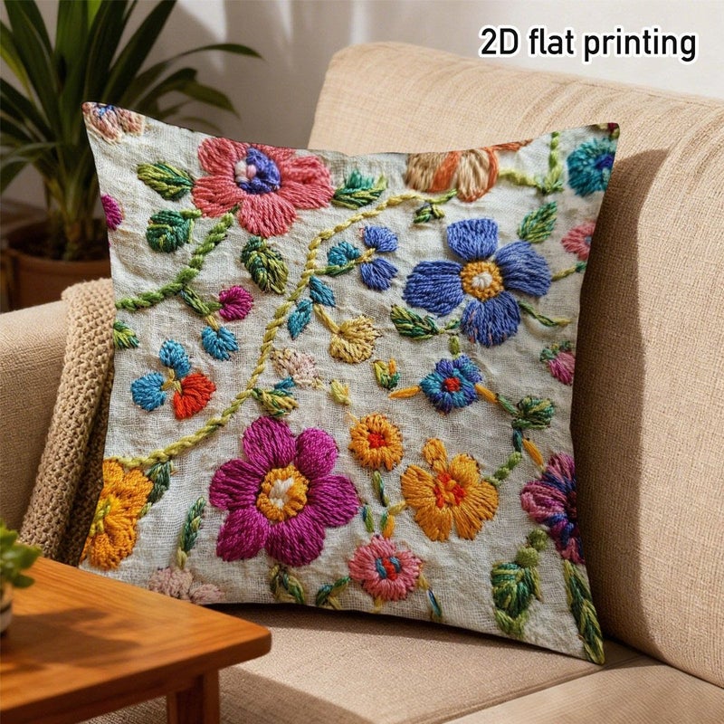 1pc 24x24 Inch 2D Flat Printing Non Real Embroidery Floral Pattern Throw Pillowcase Double Sided Printing For Vintage Living Room Sofa Comfortable Bedroom Bed No Pillow Core - Image 5