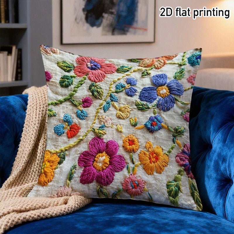 1pc 24x24 Inch 2D Flat Printing Non Real Embroidery Floral Pattern Throw Pillowcase Double Sided Printing For Vintage Living Room Sofa Comfortable Bedroom Bed No Pillow Core - Image 1
