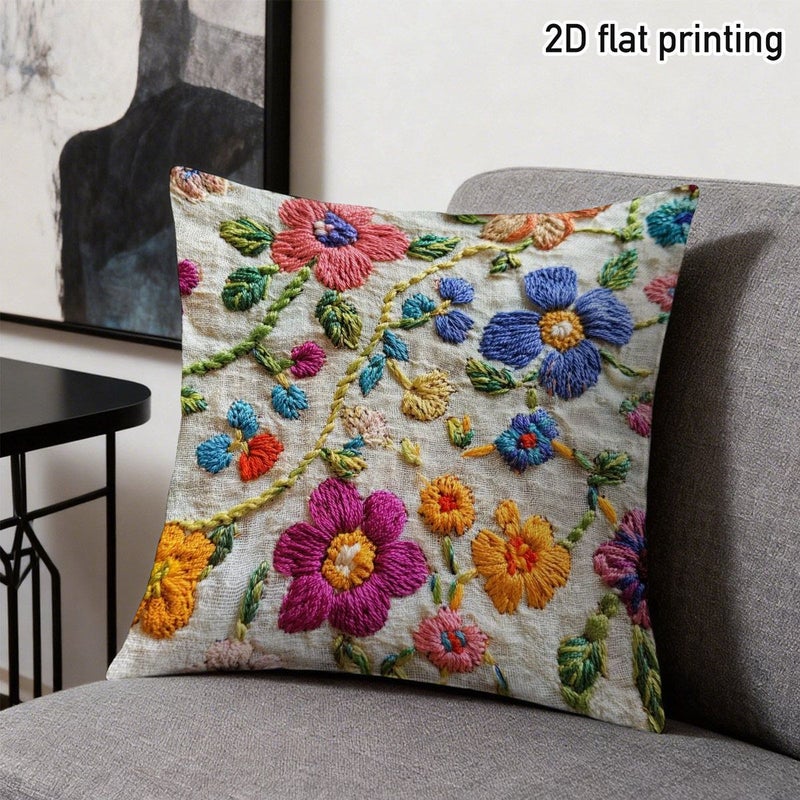 1pc 24x24 Inch 2D Flat Printing Non Real Embroidery Floral Pattern Throw Pillowcase Double Sided Printing For Vintage Living Room Sofa Comfortable Bedroom Bed No Pillow Core - Image 4