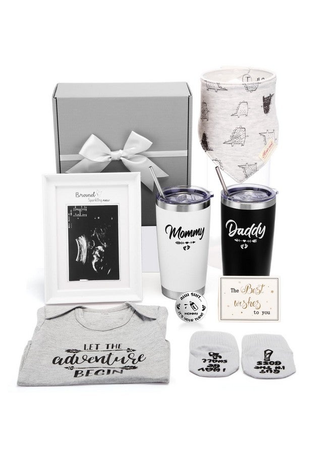 Chuarry 10 Pcs Pregnancy Gifts for New Parents New Mom Women Gender Reveal Gifts Baby Shower 20oz Mom and Dad Tumblers Frame Unisex Jumpsuit for First Time Parents(Classic,Gray) - Image 1