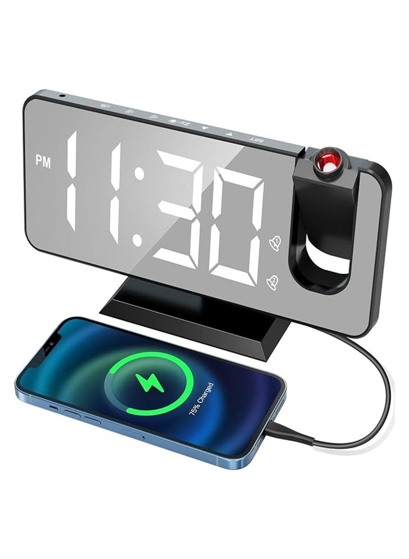 Projector Alarm Clock 7.3" LED Mirror Screen with 0-100% Dimmer, Dual Alarm Digital Clock with USB Charger Ports, 12H/24H Desk Digital Timer - Image 1