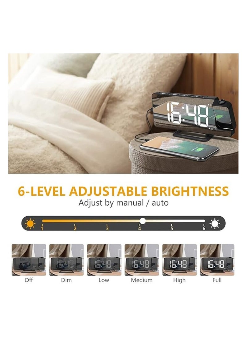 Projector Alarm Clock 7.3" LED Mirror Screen with 0-100% Dimmer, Dual Alarm Digital Clock with USB Charger Ports, 12H/24H Desk Digital Timer - Image 2