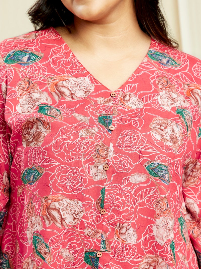 globus Globus Gloplus Women Pink V-Neck Floral Print Tunic With Wide Leg Trousers Plus Size Co-Ord Set  - Image 4