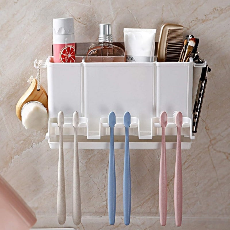 Shrux Shrux Multicompartment Toothbrush Holder Stand | Bathroom and Beauty Product Organizer Wall-Mounted Stand | Self-Adhesive 3 Slot Lotion, Cream, Shampoo & Razor Holder Caddy - Image 3