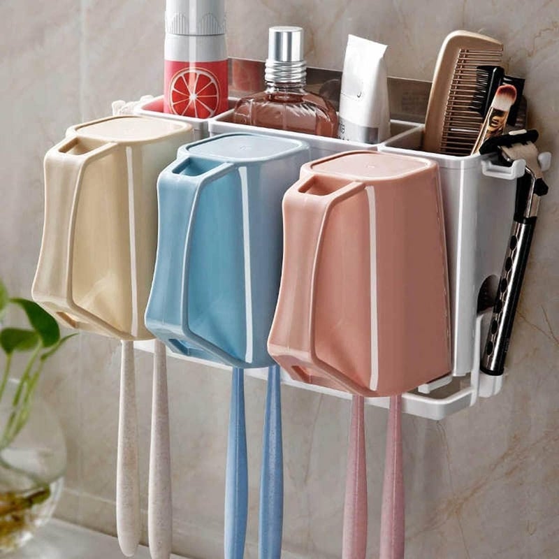 Shrux Shrux Multicompartment Toothbrush Holder Stand | Bathroom and Beauty Product Organizer Wall-Mounted Stand | Self-Adhesive 3 Slot Lotion, Cream, Shampoo & Razor Holder Caddy - Image 1