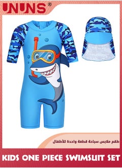 UNUNS One Piece Swimsuit Set For Baby Toddler Infant,Kids Boys Girls' One-Piece Swimsuits With Hat,Short Sleeves Guard Swimsuit Swimwear,Zipper Bathing Suit Beach Swimwear,UV Sun Protection,Blue Shark  - Image 1