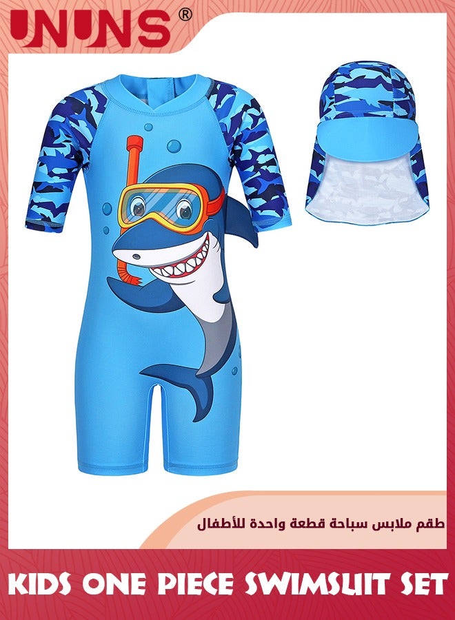 UNUNS طقم ملابس سباحة من قطعة واحدة للأطفال الصغار، ملابس سباحة من قطعة واحدة للأطفال الأولاد والبنات مع قبعة، ملابس سباحة قصيرة الأكمام، ملابس سباحة بسحاب للشاطئ، حماية من أشعة الشمس فوق البنفسجية، قرش أزرق - Image 1