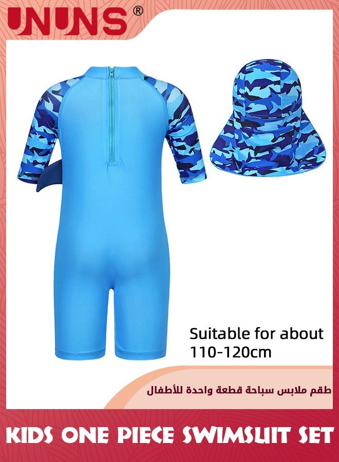 UNUNS طقم ملابس سباحة من قطعة واحدة للأطفال الصغار، ملابس سباحة من قطعة واحدة للأطفال الأولاد والبنات مع قبعة، ملابس سباحة قصيرة الأكمام، ملابس سباحة بسحاب للشاطئ، حماية من أشعة الشمس فوق البنفسجية، قرش أزرق - Image 2